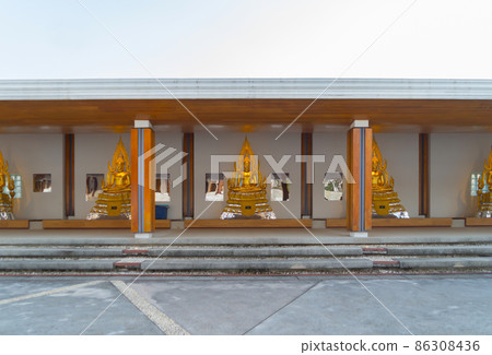 Row of buddha statues. Wat Dhammayan temple, Phetchabun. Famous tourist attraction landmark. Thai History architecture. Row of buddha statues. Wat Dhammayan temple, Phetchabun. Famous tourist attraction landmark. Thai History architecture. 86308436
