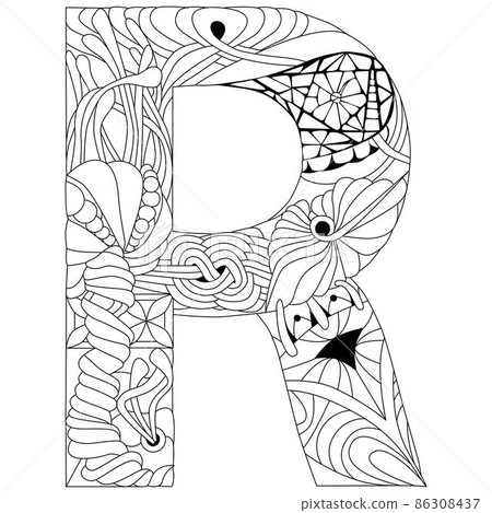 Letter R monogram for coloring, engraving design. Vector illustration. Letter R monogram for coloring, engraving design. Vector illustration. 86308437