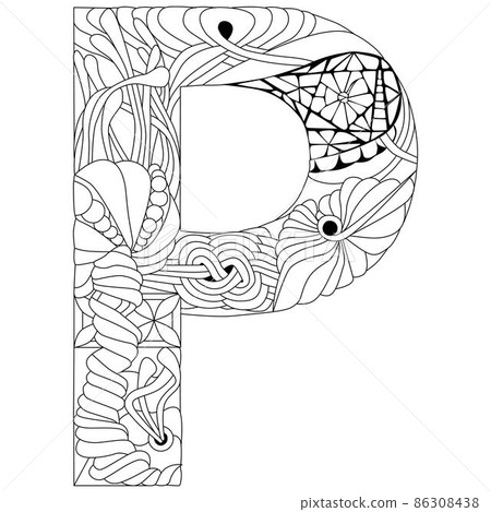 Letter P monogram for coloring, engraving design. Vector illustration. 86308438