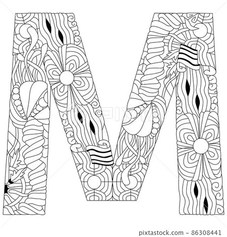 Letter M monogram for coloring, engraving design. Vector illustration. Letter M monogram for coloring, engraving design. Vector illustration. 86308441