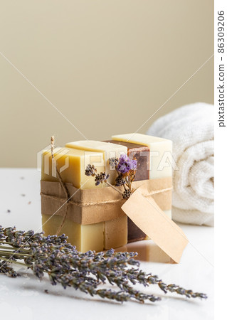 Homemade natural soap bars with lavender flowers 86309206