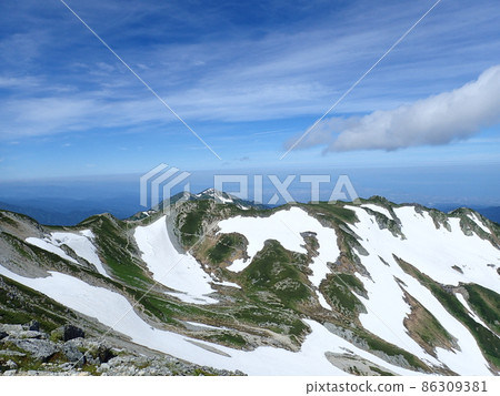 藍天、夏山、殘雪、遠景的富山灣 地點：別山（富山縣立山市） 86309381