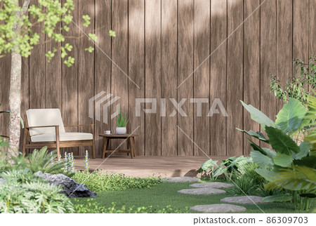 Wooden terrace in the tropical garden style 3d render 86309703