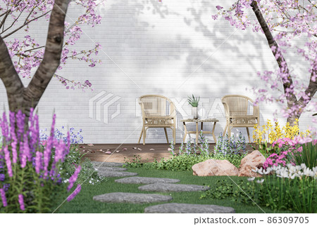 Rattan chairs on the wooden balcony in the flower garden 3d render 86309705
