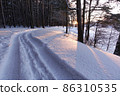 Picturesque winter landscape. Dirt road in the forest covered in snow. Russia 86310535