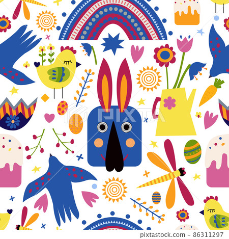 Easter holiday seamless pattern with chicken, rabbit, cut in paper art style. Vector drawing. Happy easter banner. Easter holiday seamless pattern with chicken, rabbit, cut in paper art style. Vector drawing. Happy easter banner. 86311297