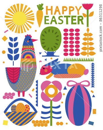 Easter vector illustration with chicken, rabbit cut in paper art style. Vector drawing. Happy easter banner.  86311298