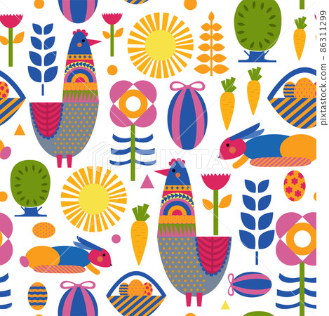 Easter vector seamless pattern with chicken, rabbit, cut in paper art style. Vector drawing. Happy easter banner.  86311299
