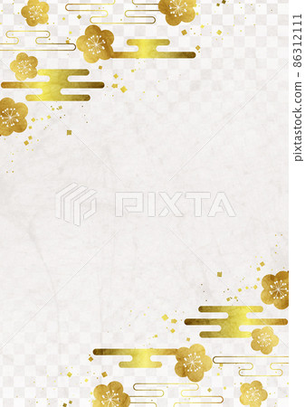 Japanese paper watercolor style gold leaf Japanese flower cloud frame checkered pattern background vertical white 86312111