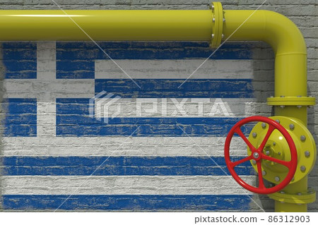 Flag of Greece and industrial pipe with valve. 3d rendering 86312903