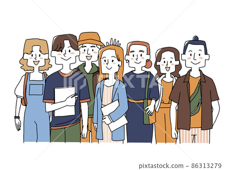 College students spending a fulfilling campus life, smiling young people, comical handwritten characters Vector 86313279