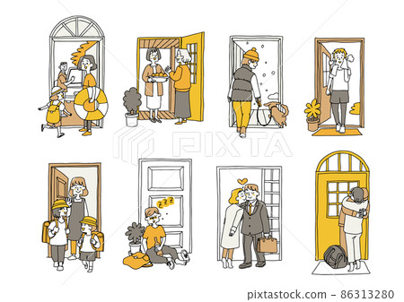 Each life scene set in front of the door A comical handwritten person who goes to work or goes on a trip Each life scene set in front of the door A comical handwritten person who goes to work or goes on a trip 86313280