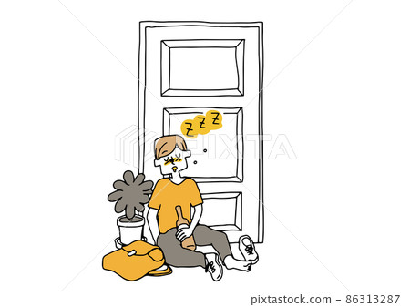 A man who got drunk and went home and fell asleep at the entrance. A comical handwritten person vector, simple coloring of line drawings. 86313287