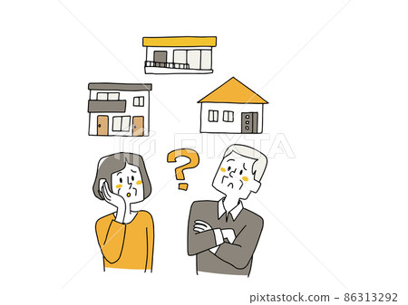 An elderly couple who has doubts about the house, a comical handwritten person, a vector, and simple coloring of line drawings. 86313292