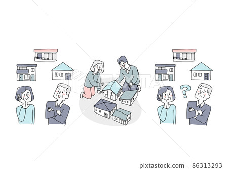A set of old couples thinking about their own home, a comical handwritten person, a vector, and simple coloring of line drawings. A set of old couples thinking about their own home, a comical handwritten person, a vector, and simple coloring of line drawings. 86313293