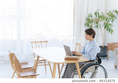 Wheelchair, female in her 30s, living environment Wheelchair, female in her 30s, living environment 86318878