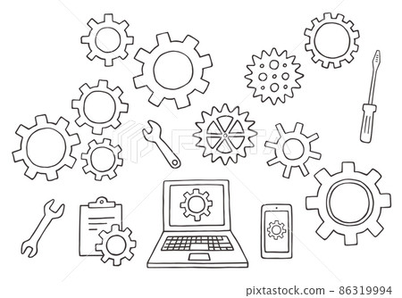 Hand-drawn illustration set of gears (monochrome) 86319994