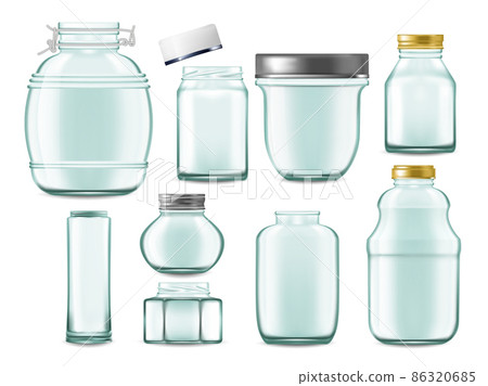 Realistic jars. Transparent empty glass containers for food preserves and drinks. Vector isolated set container glass jar 86320685