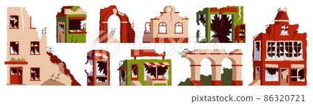 Ruined building. Cartoon collapsed broken and abandoned city constructions, destroyed houses and property. Vector isolated set illustration damaging facades housing buildings Ruined building. Cartoon collapsed broken and abandoned city constructions, destroyed houses and property. Vector isolated set illustration damaging facades housing buildings 86320721