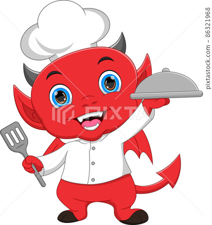 cartoon chef little devil carrying a tray of food cartoon chef little devil carrying a tray of food 86321968