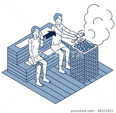 Isometric illustration of a man who violates manners by putting a towel that wipes his sweat on a stone 86323935