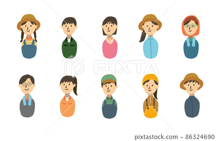 Illustration icon of 10 men and women engaged in agriculture, dairy, etc. Illustration icon of 10 men and women engaged in agriculture, dairy, etc. 86324690