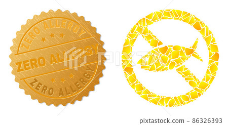 Forbidden Fish Icon Collage of Golden Parts and Metal Zero Allergy Badge Forbidden Fish Icon Collage of Golden Parts and Metal Zero Allergy Badge 86326393