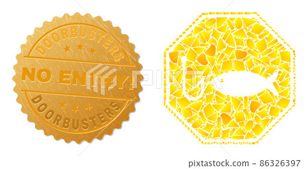 Stop Fishing Octagon Icon Mosaic of Golden Elements and Textured Doorbusters No Entry! Seal Stamp 86326397