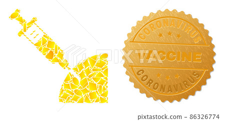 Inoculation Icon Mosaic of Gold Particles and Textured Coronavirus Vaccine Seal 86326774