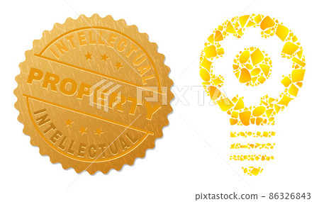 Gear Bulb Icon Collage of Golden Fractions and Textured Intellectual Property Seal Gear Bulb Icon Collage of Golden Fractions and Textured Intellectual Property Seal 86326843