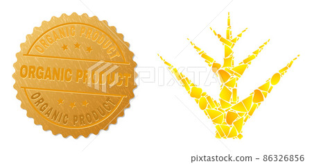 Decorative Tree Icon Collage of Golden Parts and Metallic Organic Product Seal 86326856