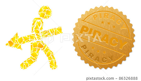 Arrow Delivery Man Icon Mosaic of Golden Fractions and Metal Piracy Seal 86326888