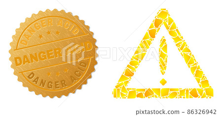 Warning Sign Icon Mosaic of Golden Fractions and Metal Danger Acid Badge 86326942