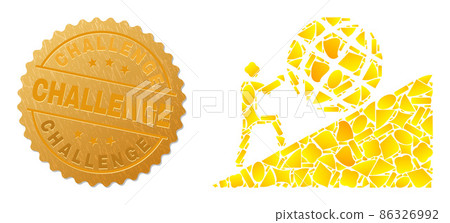 Man Rolling Globe Up Icon Mosaic of Gold Items and Metal Challenge Seal Stamp Man Rolling Globe Up Icon Mosaic of Gold Items and Metal Challenge Seal Stamp 86326992