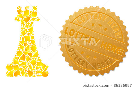 Chess King Icon Mosaic of Gold Particles and Metal Lottery Here! Seal 86326997