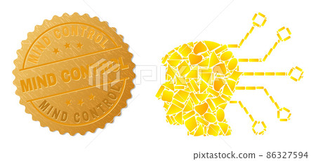 Neural Link Icon Mosaic of Golden Items and Metallic Mind Control Seal 86327594