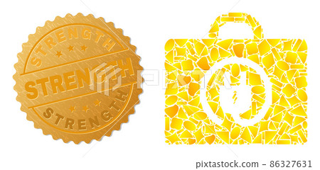 Electric Plug Box Icon Mosaic of Golden Particles and Textured Strength Seal 86327631