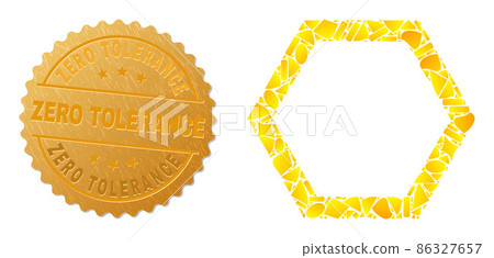 Empty Hexagon Icon Collage of Golden and Metallic Zero Tolerance Stamp Empty Hexagon Icon Collage of Golden and Metallic Zero Tolerance Stamp 86327657