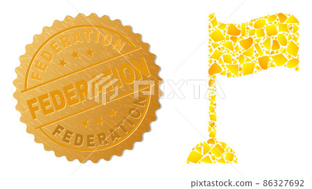 Flag Marker Icon Mosaic of Golden Items and Metallic Federation Badge 86327692