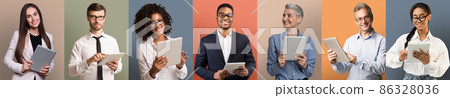 Online Banking. Portraits of different business people with digital tablets, creative collage Online Banking. Portraits of different business people with digital tablets, creative collage 86328036
