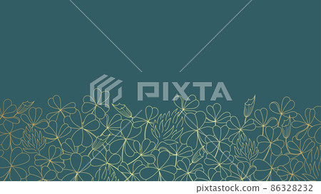 Luxury elegant line art background golden clover leaves and flowers on grey background with copy space Luxury elegant line art background golden clover leaves and flowers on grey background with copy space 86328232