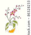 Line art watercolor illustration of orchid in pot with flowers and blossoms 86328233