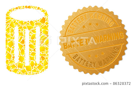 Cylinder Container Icon Collage of Golden Fractions and Textured Battery Warning Seal Stamp 86328372