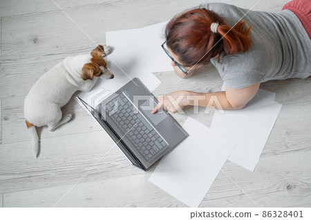 A woman lies on her stomach on the floor and is typing on a laptop. Girl freelancer works remotely from home with a puppy. Jack Russell Terrier next to the owner in a comfortable position. A woman lies on her stomach on the floor and is typing on a laptop. Girl freelancer works remotely from home with a puppy. Jack Russell Terrier next to the owner in a comfortable position. 86328401