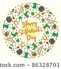 Bright line art round wreath of St Patricks day symbols happy St Patricks day congratulations 86328701