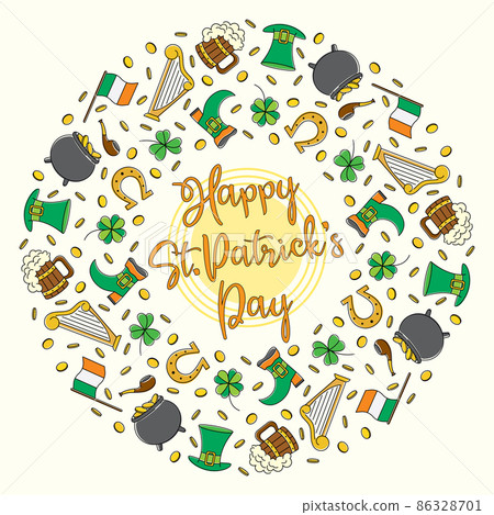 Bright line art round wreath of St Patricks day symbols happy St Patricks day congratulations 86328701