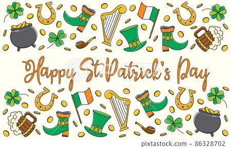 Bright line art illustration of St Patricks day symbols. Background with irish icons 86328702