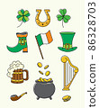 Bright line art set of clover, pot, coins, flag, shoes, ale. St Patricks day symbols collection 86328703