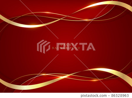 Elegant 3D abstract golden ribbon and wave lines on red background 86328963