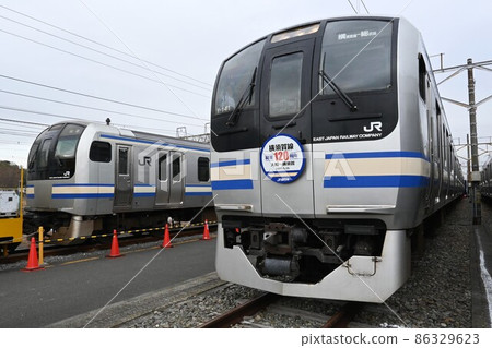 Two E217 series trains lined up at the depot 86329623